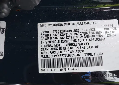 2020 Honda Ridgeline Rtl-E из США, поврежденный, VIN 5FPYK3F78LB001316